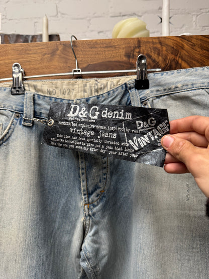 2000s Dolce & Gabbana Light Wash Blue Distressed Wide Leg Denim