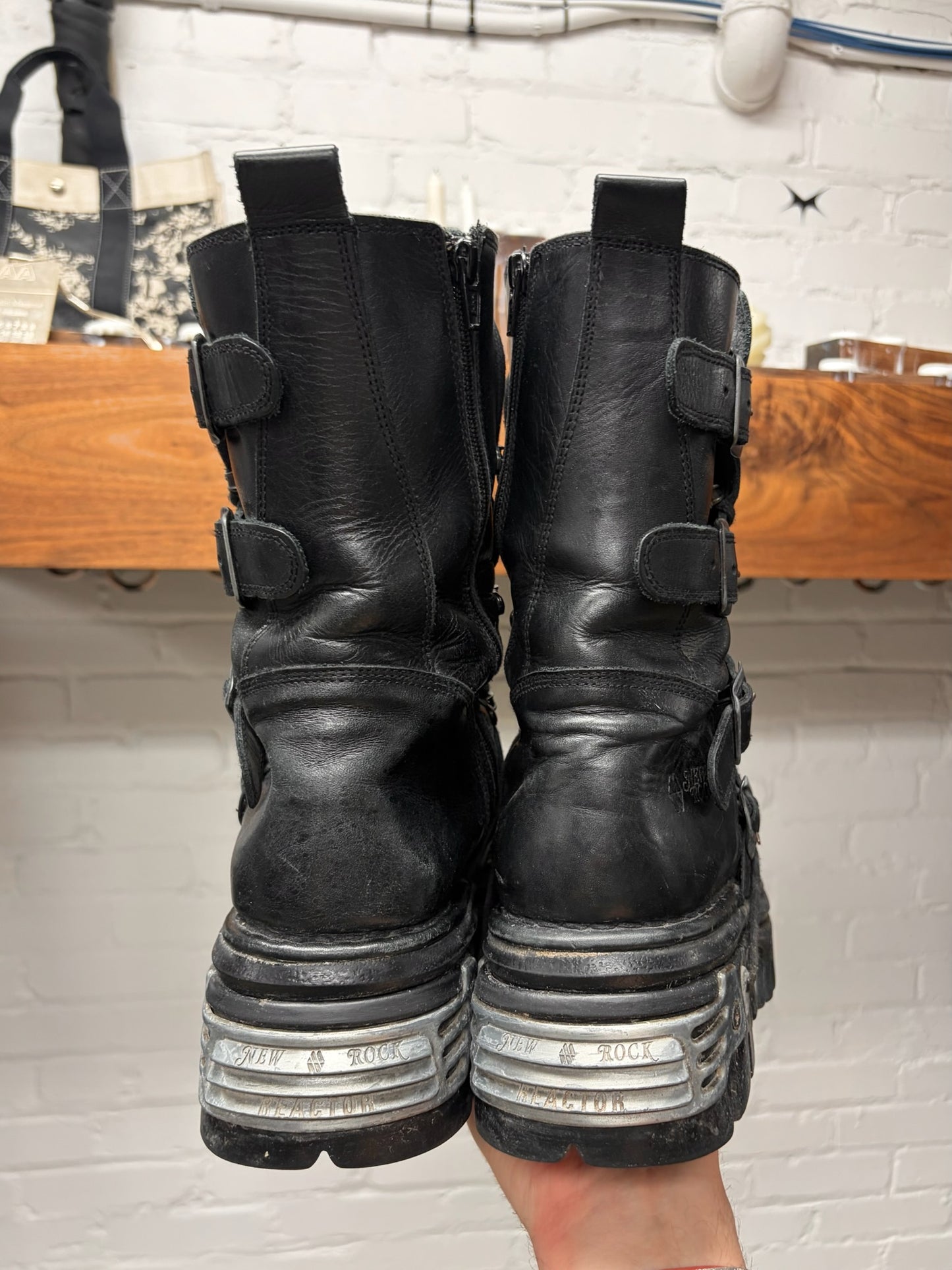New Rock ‘M373’ Black/Silver Hardware Platform Leather Boots