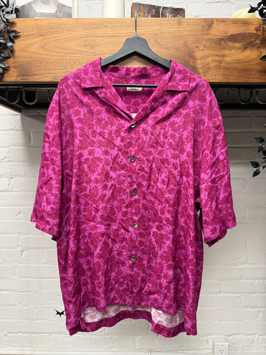 Dries Van Noten Pink Viscose Floral Print Camp Collar Shirt