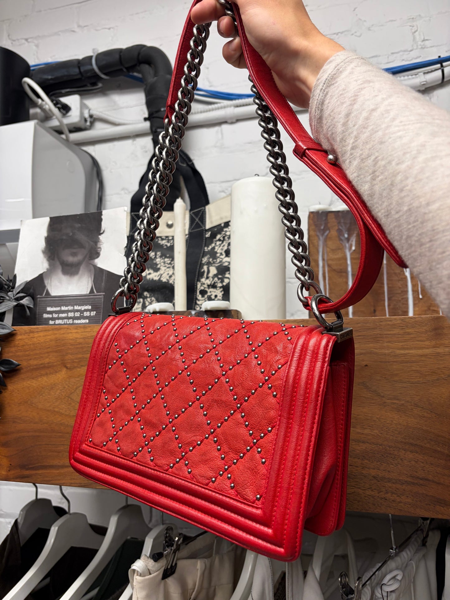 Chanel ‘Studded’ Red Quilted Leather Medium Boy Bag with Chain Crossbody Strap
