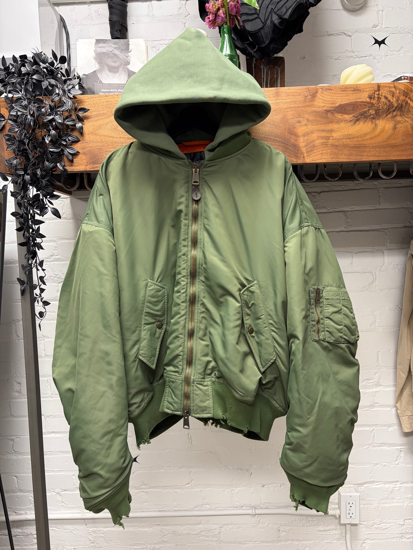 AW2024 Balenciaga Distressed Green ‘MA-1’ Hooded Bomber Jacket