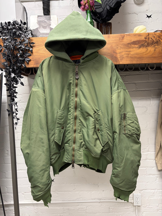 AW2024 Balenciaga Distressed Green ‘MA-1’ Hooded Bomber Jacket