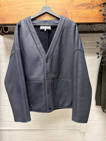Loewe ‘Anagram’ Lambskin Leather Embossed Logo Cardigan with Shearling Liner