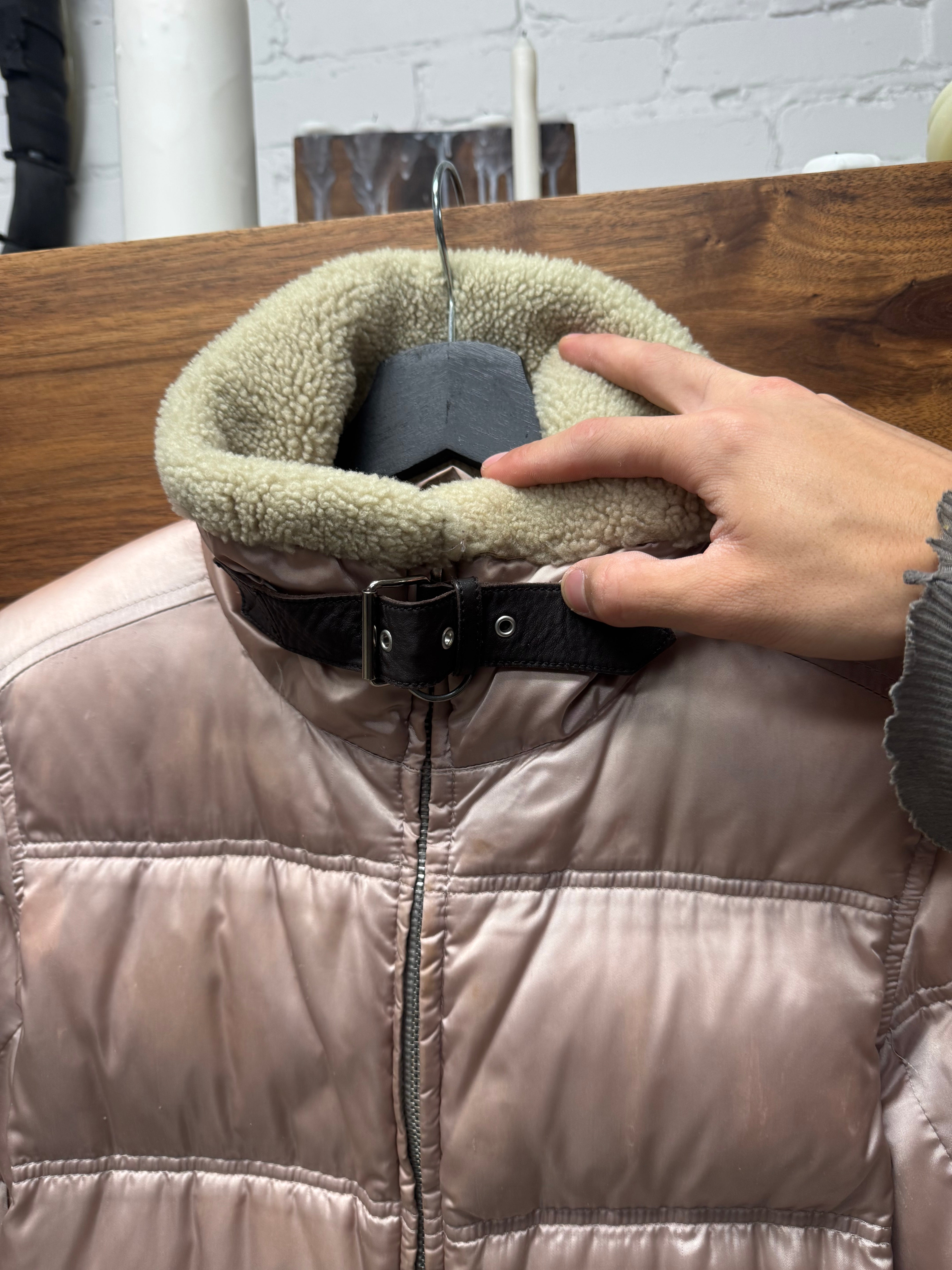 2000s Prada Sport Shearling Collared Pink Down Filled Puffer