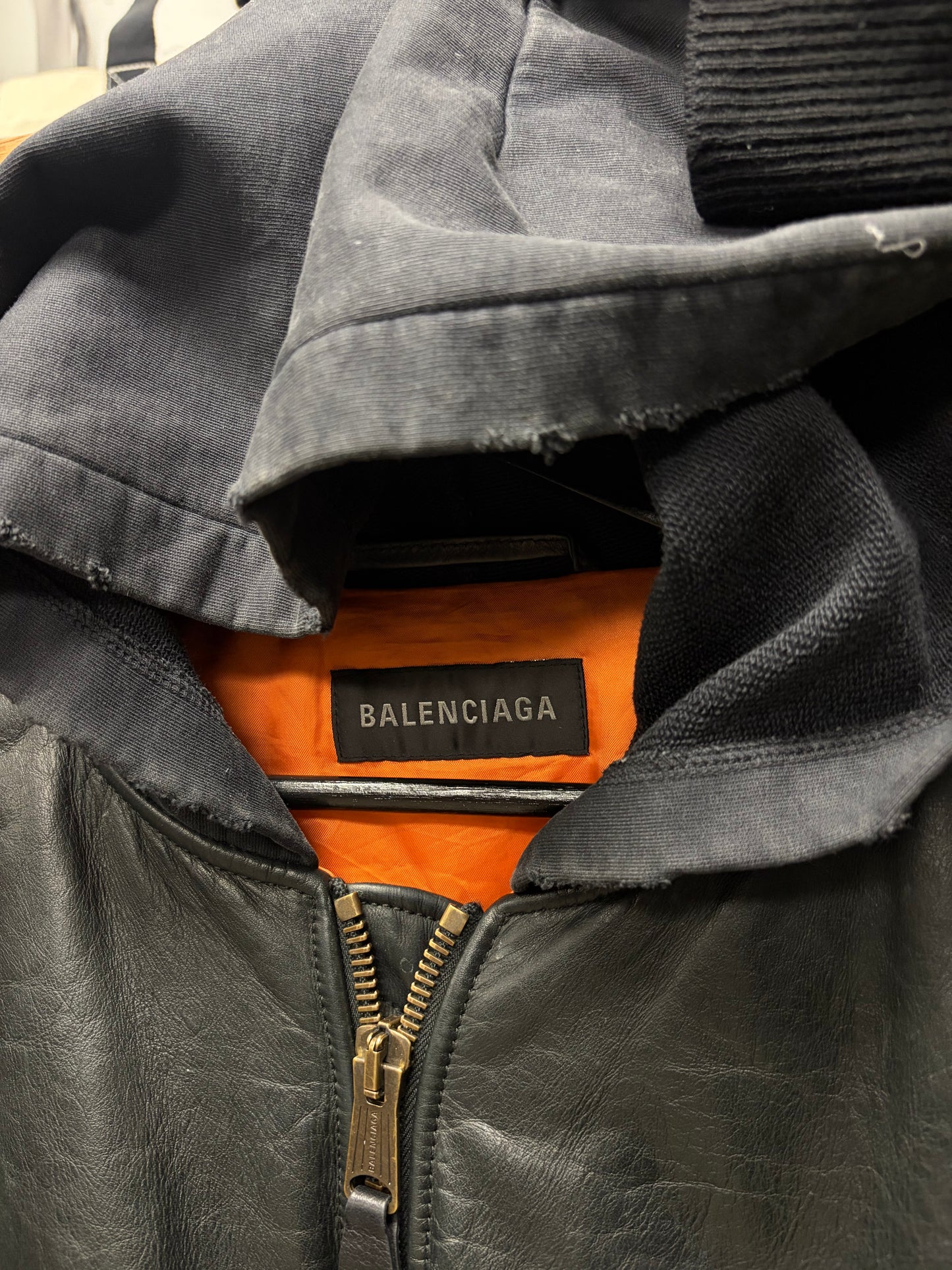 AW2023 Balenciaga ‘Mudshow’ Leather MA-1 Oversized Black Hooded Bomber Jacket