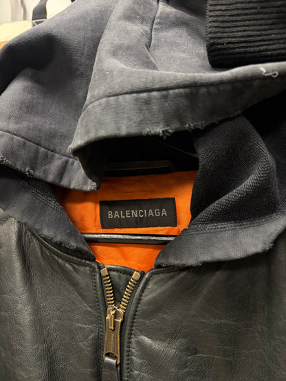 AW2023 Balenciaga ‘Mudshow’ Leather MA-1 Oversized Black Hooded Bomber Jacket