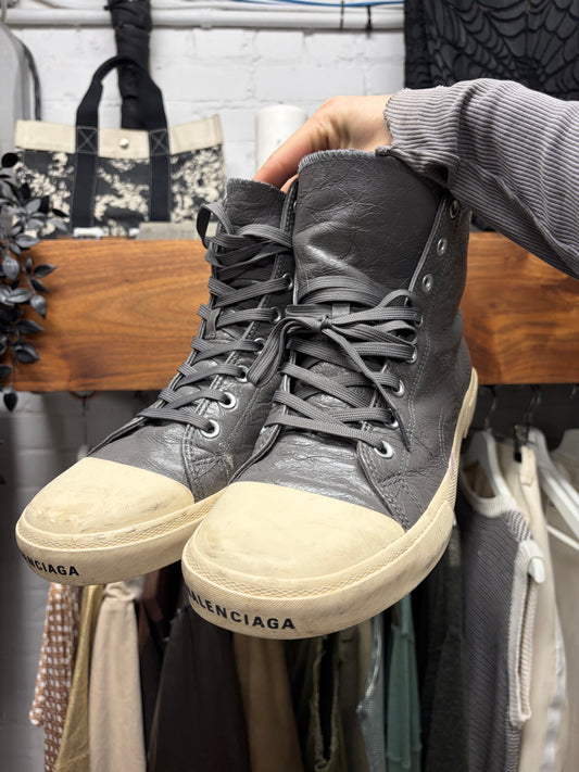 Balenciaga ‘Paris’ Grey Leather High Top Sneakers