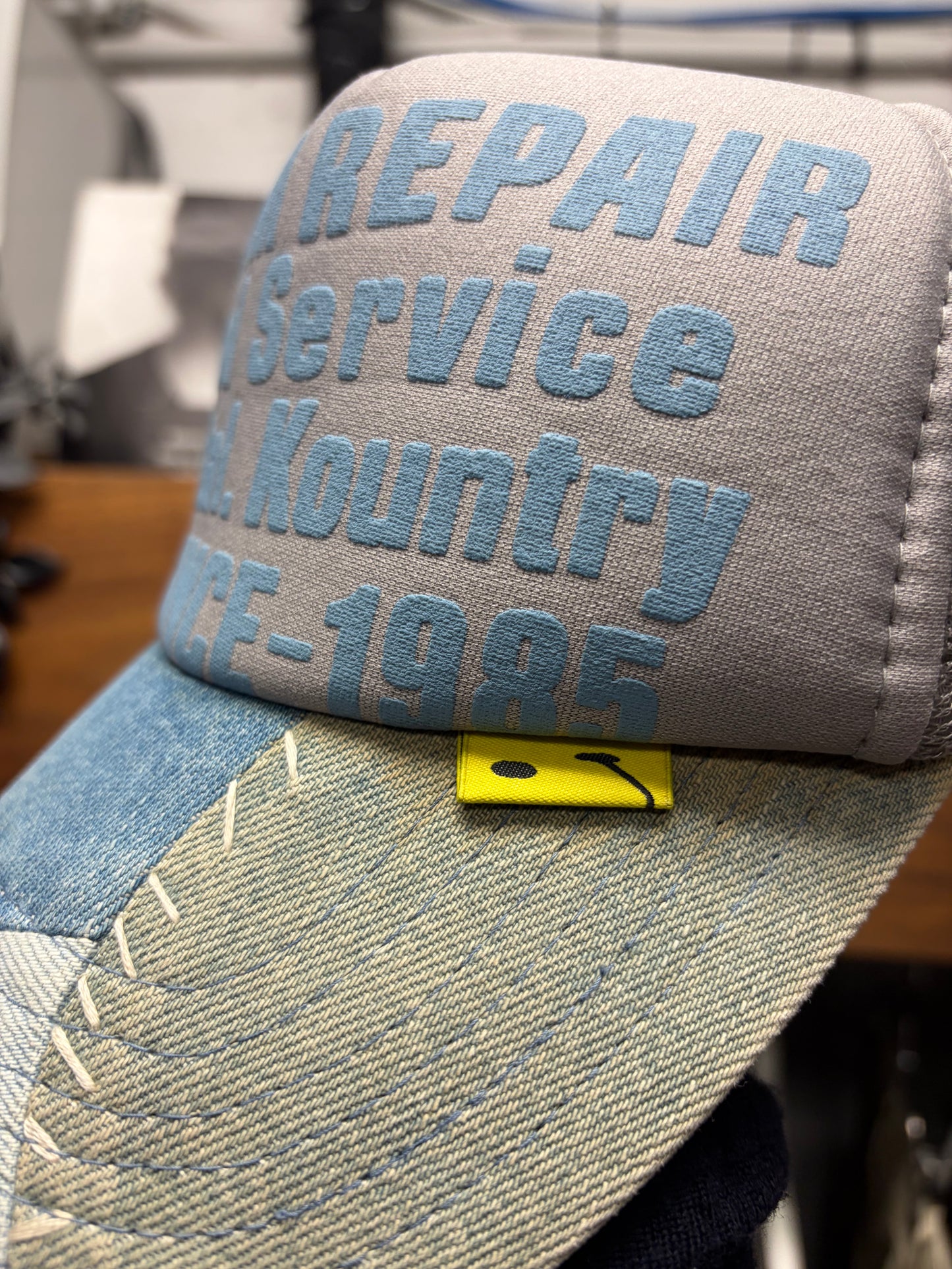 Kapital ‘Denim Repair Service’ Blue Mesh Trucker Hat