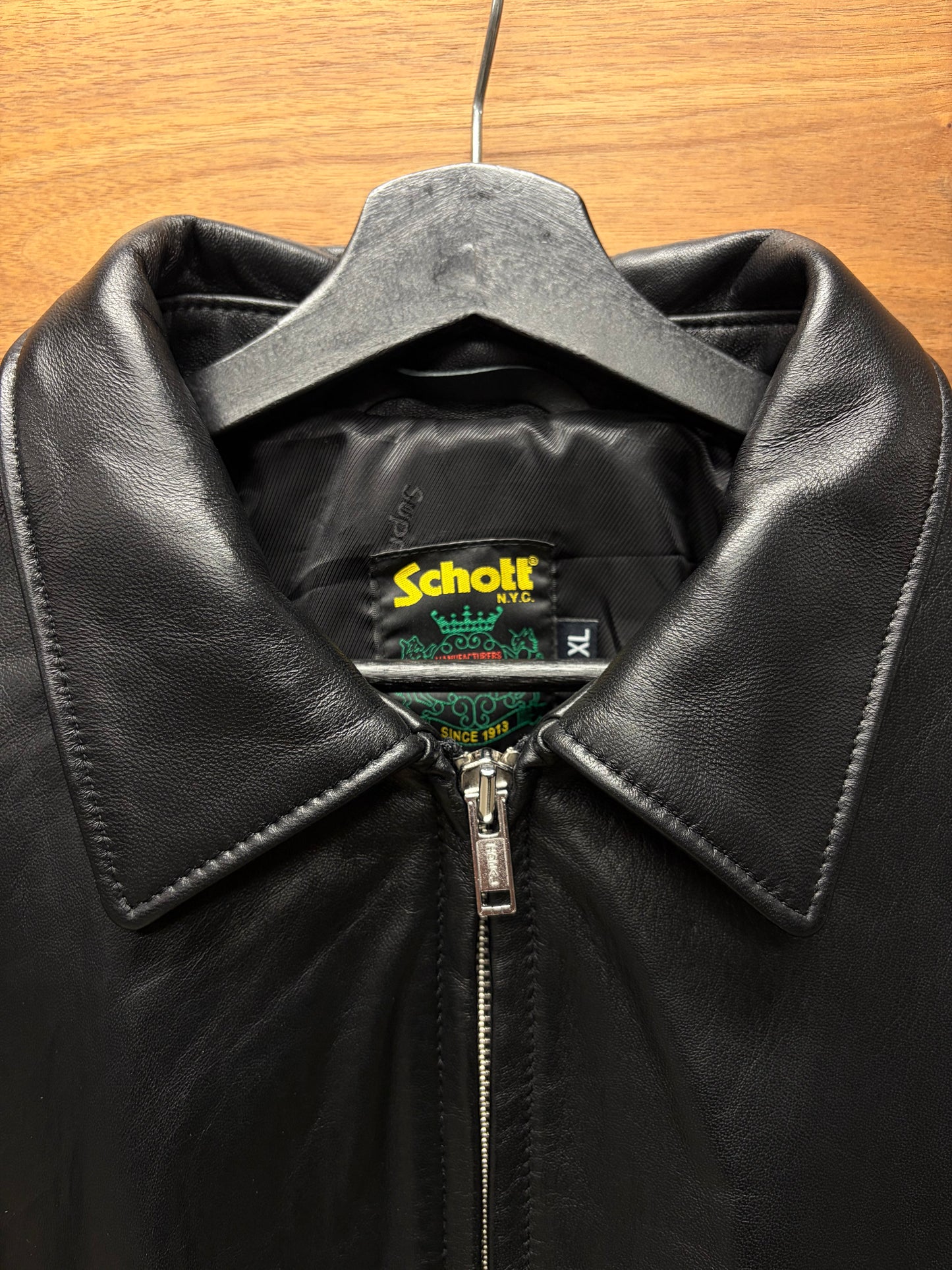 SS2024 Supreme x Schott Black ‘Embossed Logo’ Lambskin Leather Zip-Up Jacket