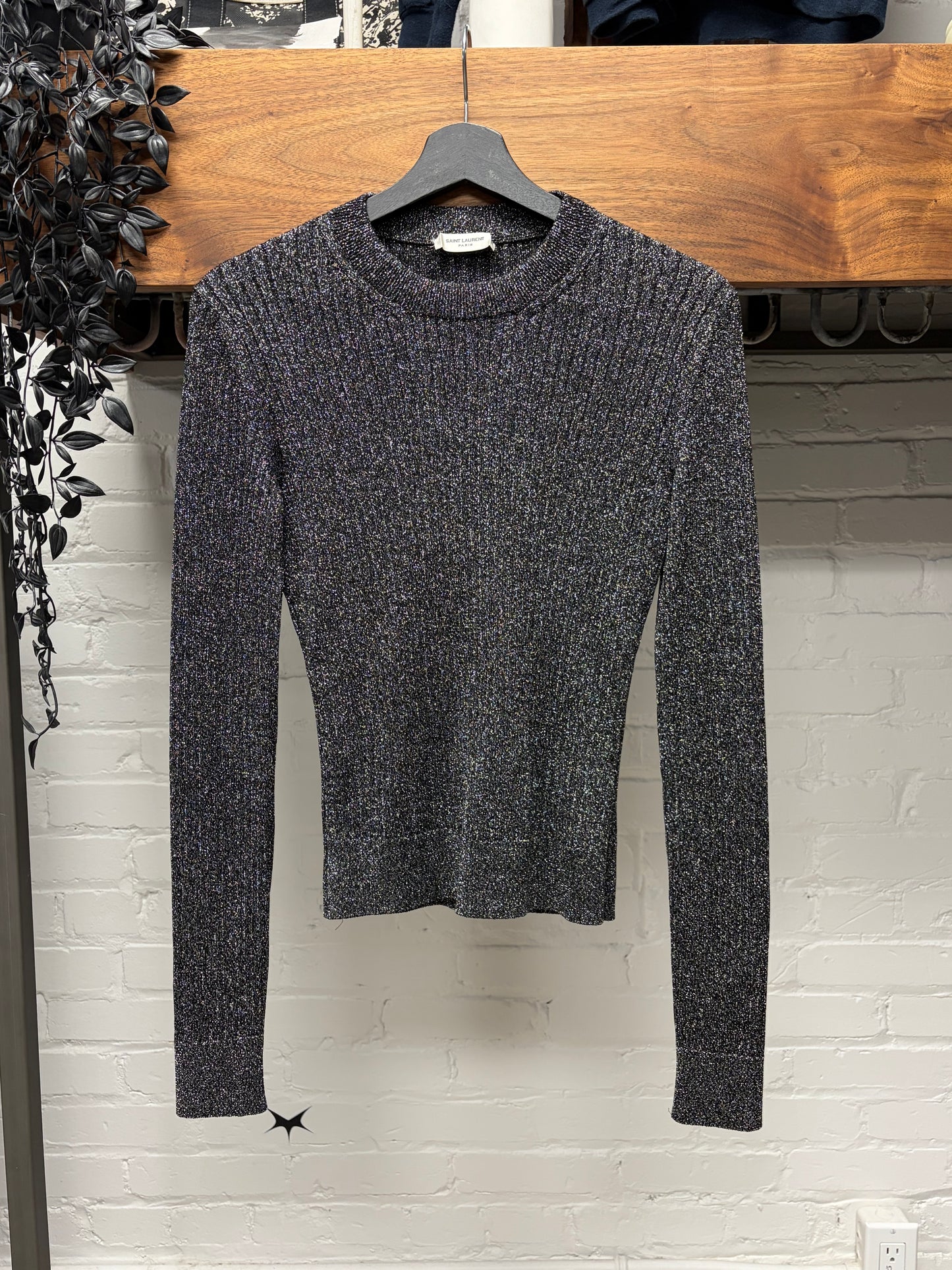 2017 Saint Laurent Silver ‘Glitter’ Ribbed Knit Sweater