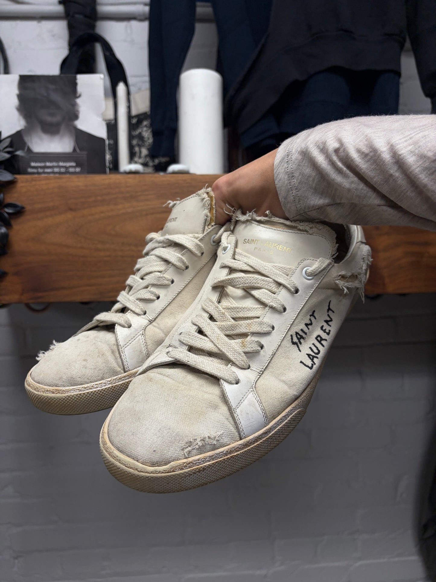 Saint Laurent ‘Court Classic’ Distressed Canvas White Low Top Sneakers