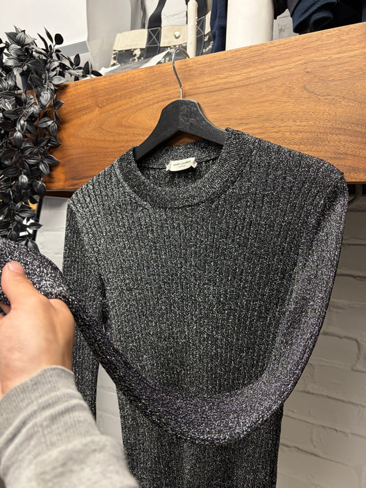 2017 Saint Laurent Silver ‘Glitter’ Ribbed Knit Sweater