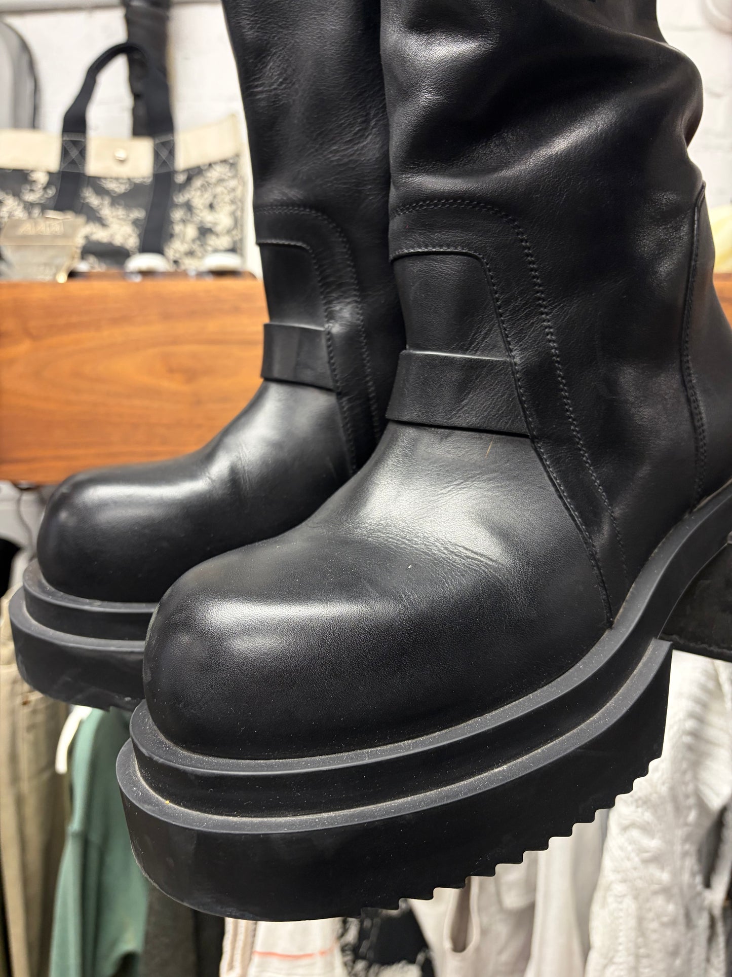 Rick Owens Pull On ‘Bogun’ Black Calfskin Leather Platform Sole Boots