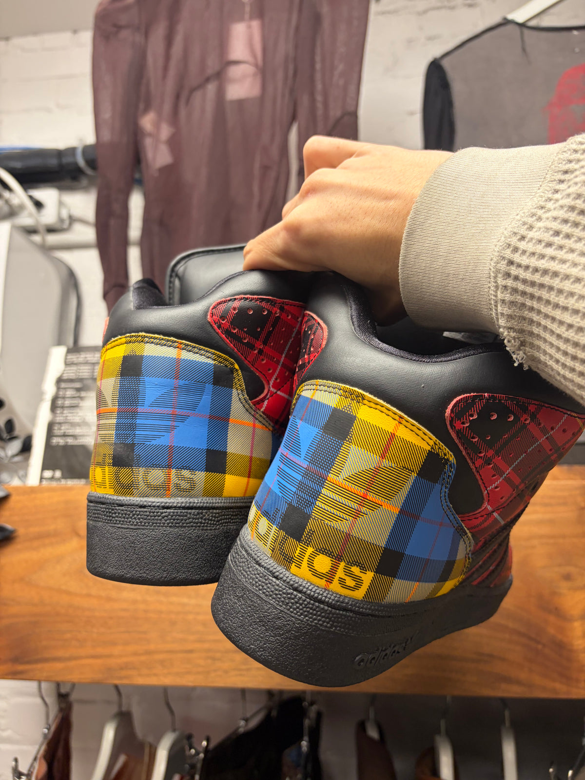 2013 Jeremy Scott x Adidas ‘Instinct’ Plaid Leather High Top Sneakers