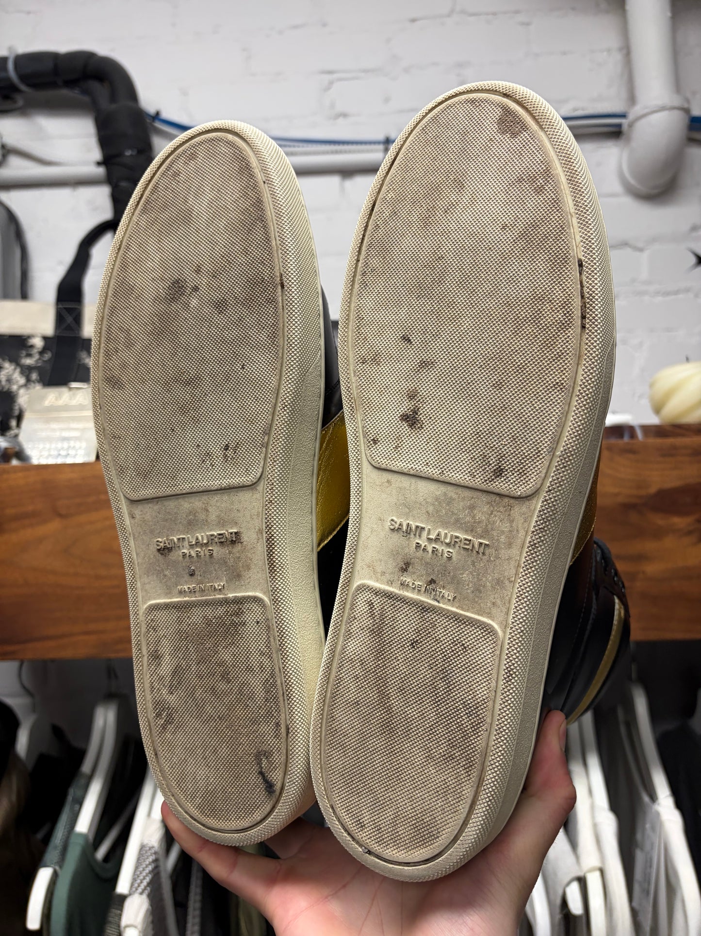 Saint Laurent ‘SL/10H’ Black/Gold Leather Court High Top Sneakers