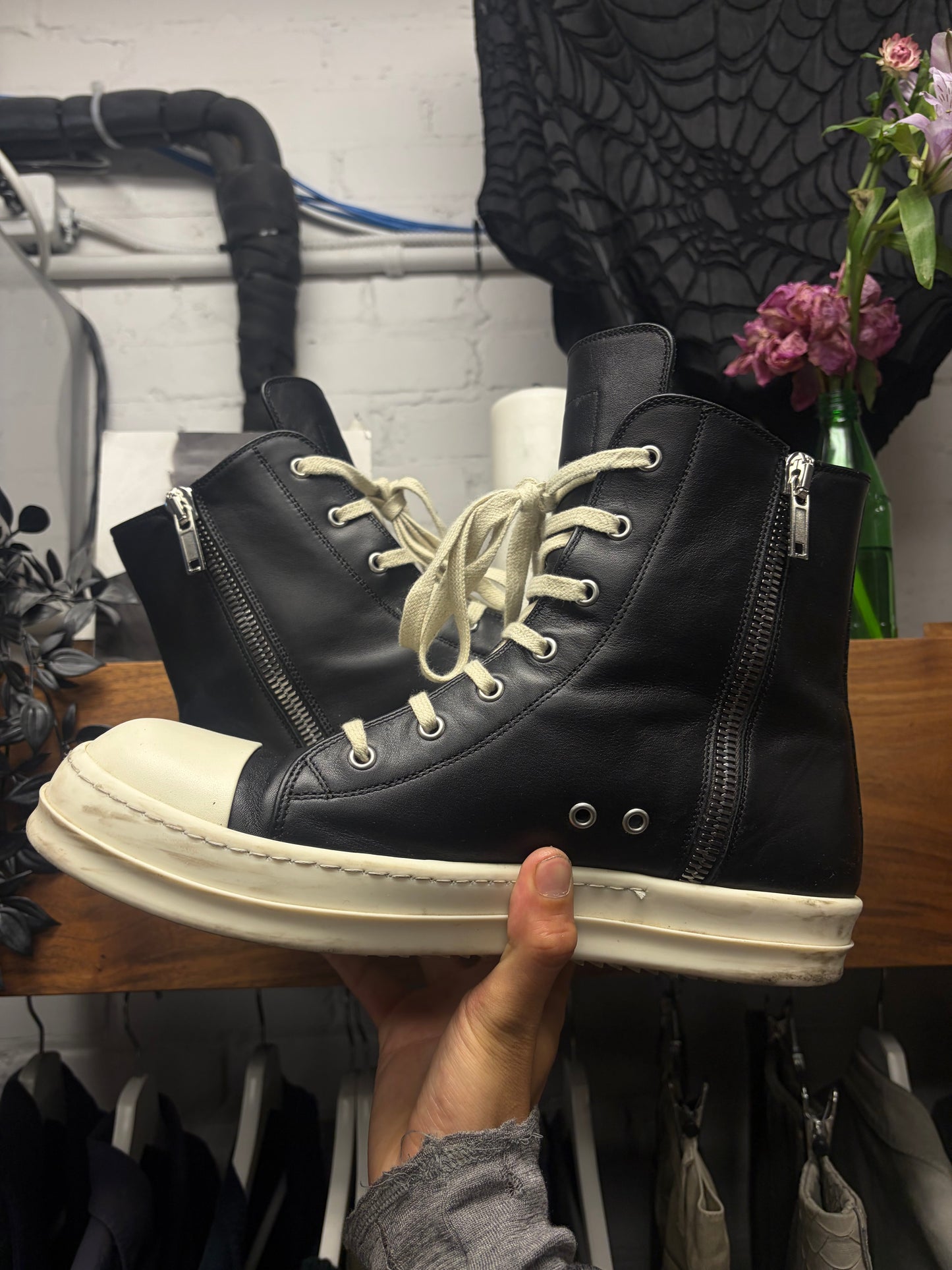 Rick Owens Black Leather ‘Ramones’ High Top Sneakers