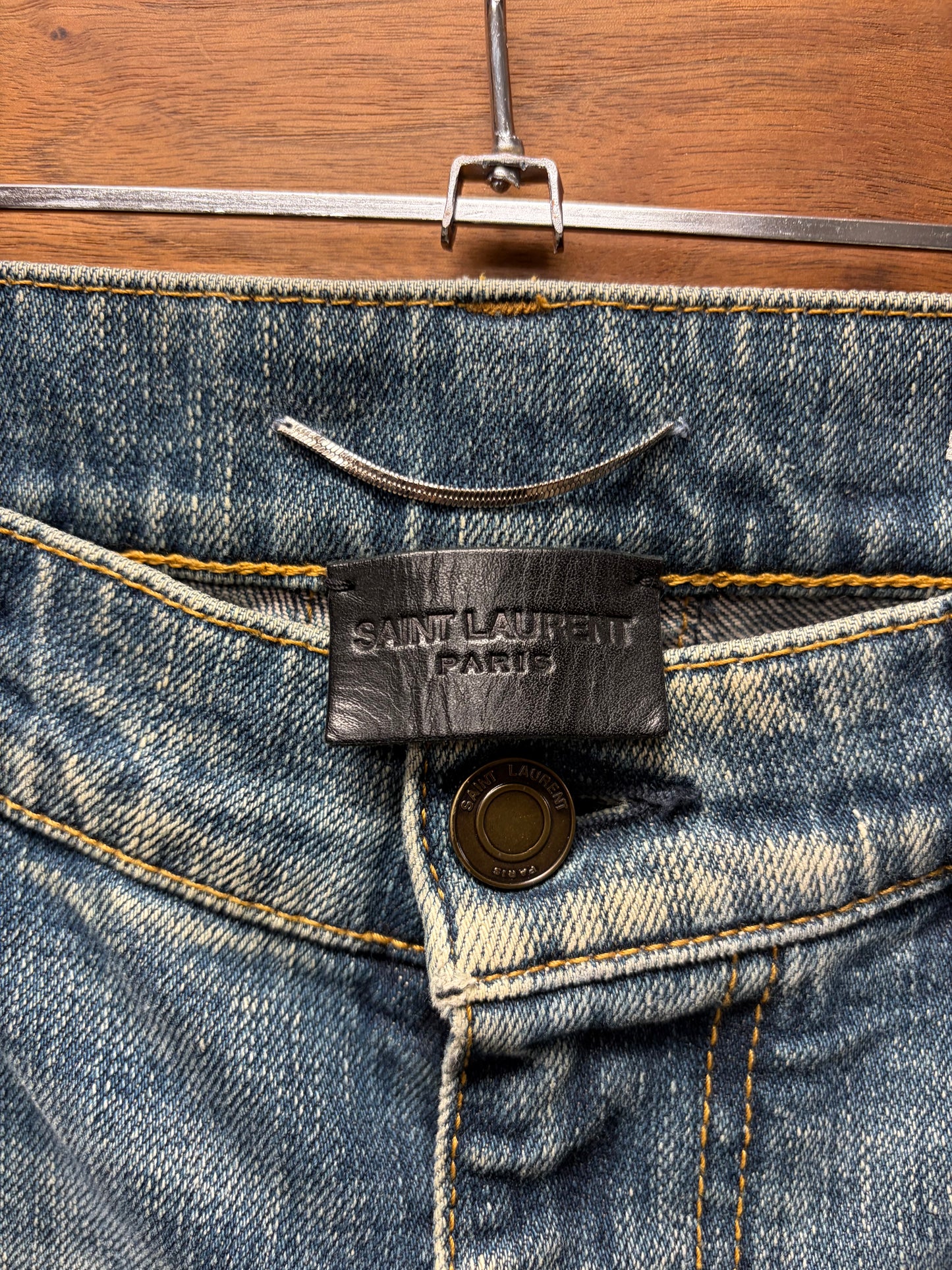 SS2016 Saint Laurent Studded Leather Biker ‘D02’ Washed Blue Skinny Jeans