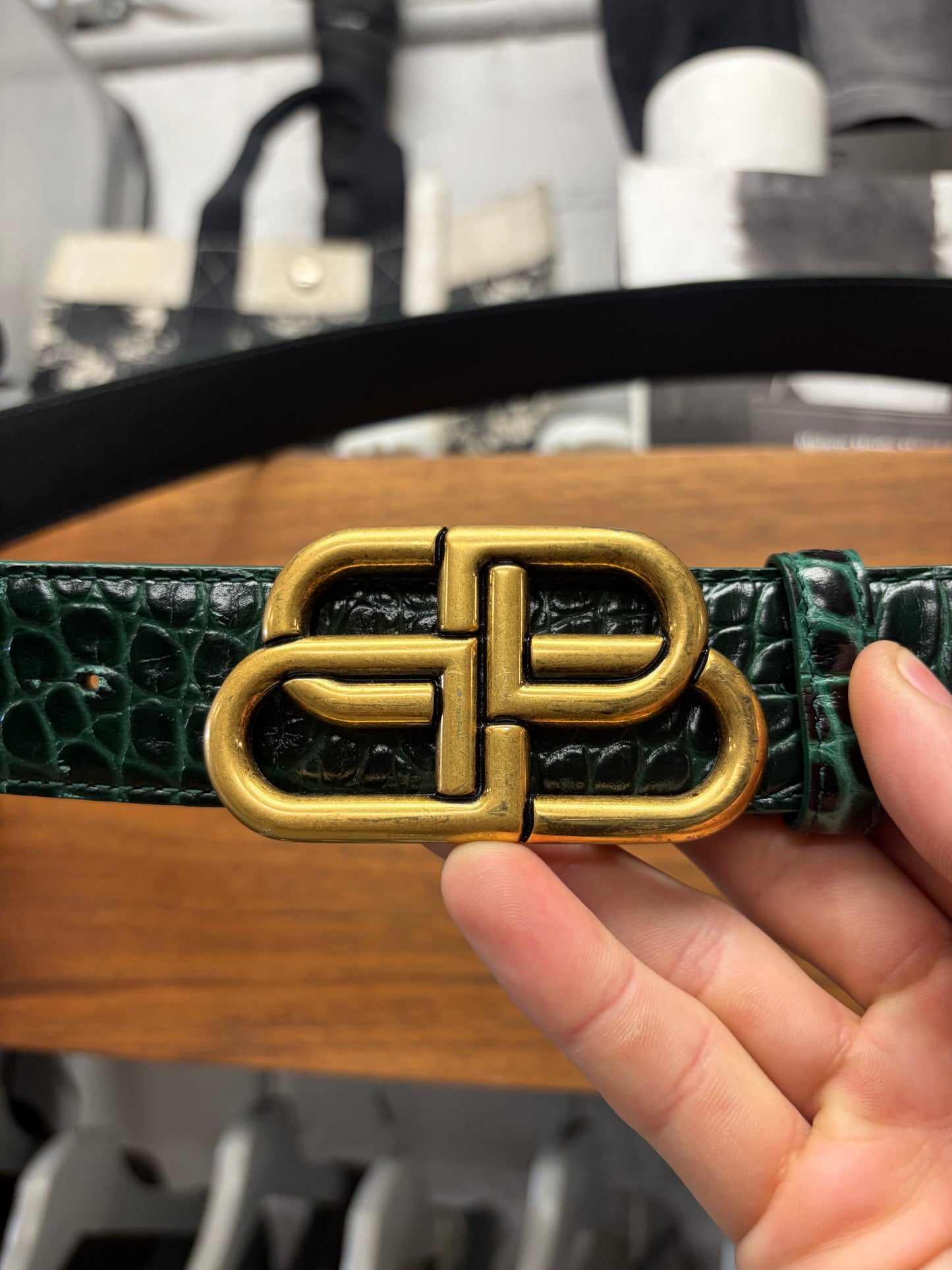 Balenciaga Croc Embossed Dark Green/Gold ‘BB Logo’ Leather Belt