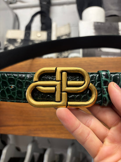 Balenciaga Croc Embossed Dark Green/Gold ‘BB Logo’ Leather Belt