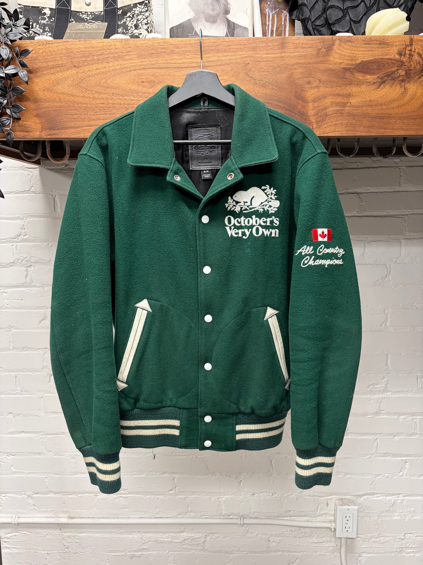 OVO x Roots Embroidered Logo Green/White Wool Letterman Varsity Jacket
