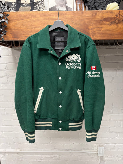 OVO x Roots Embroidered Logo Green/White Wool Letterman Varsity Jacket