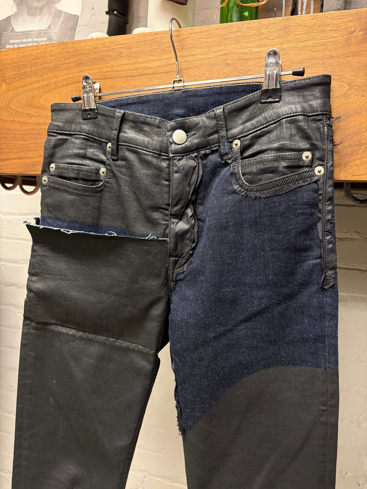 SS2019 Rick Owens ‘Babel’ Patched Waxed Black/Blue ‘Tyrone’ Skinny Jeans