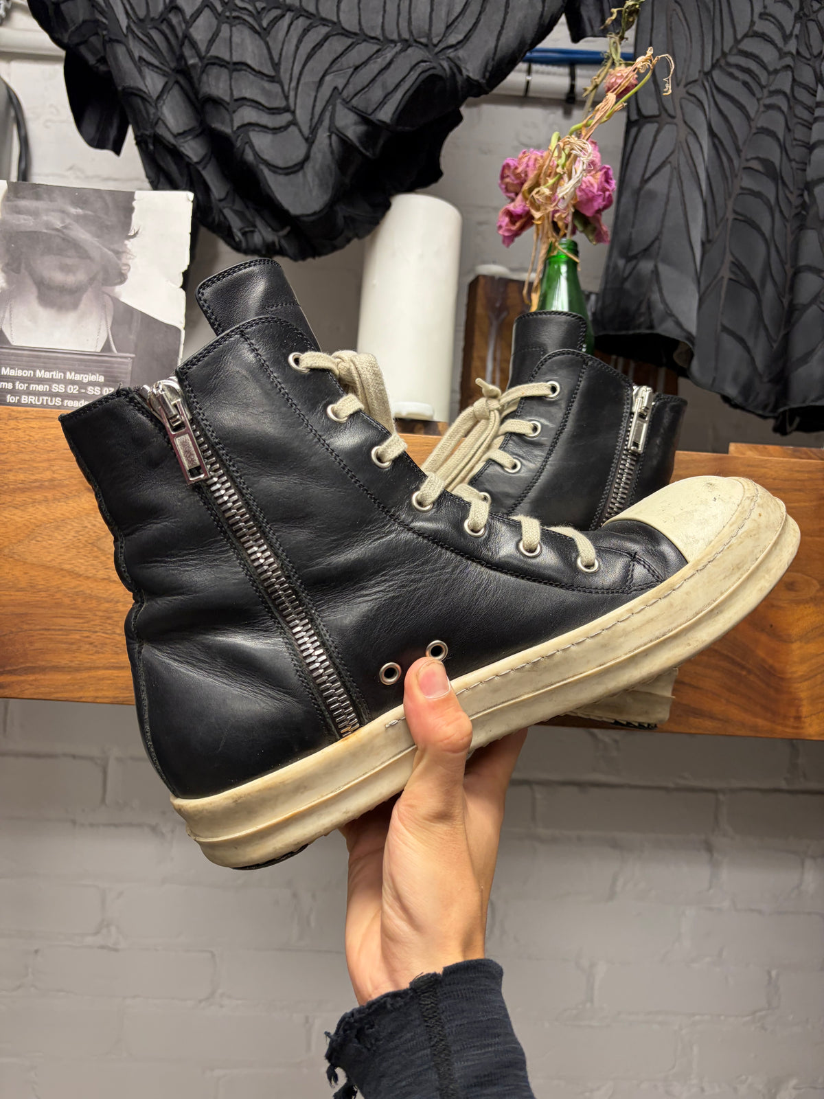 Rick Owens Mainline Black Leather ‘Ramones’ High Top Sneakers