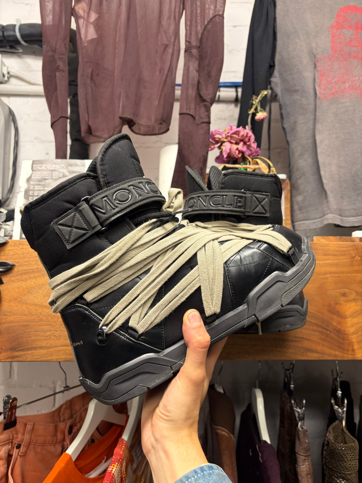 Rick Owens x Moncler ‘Amber’ Black Leather Multi-lace Snow Boots
