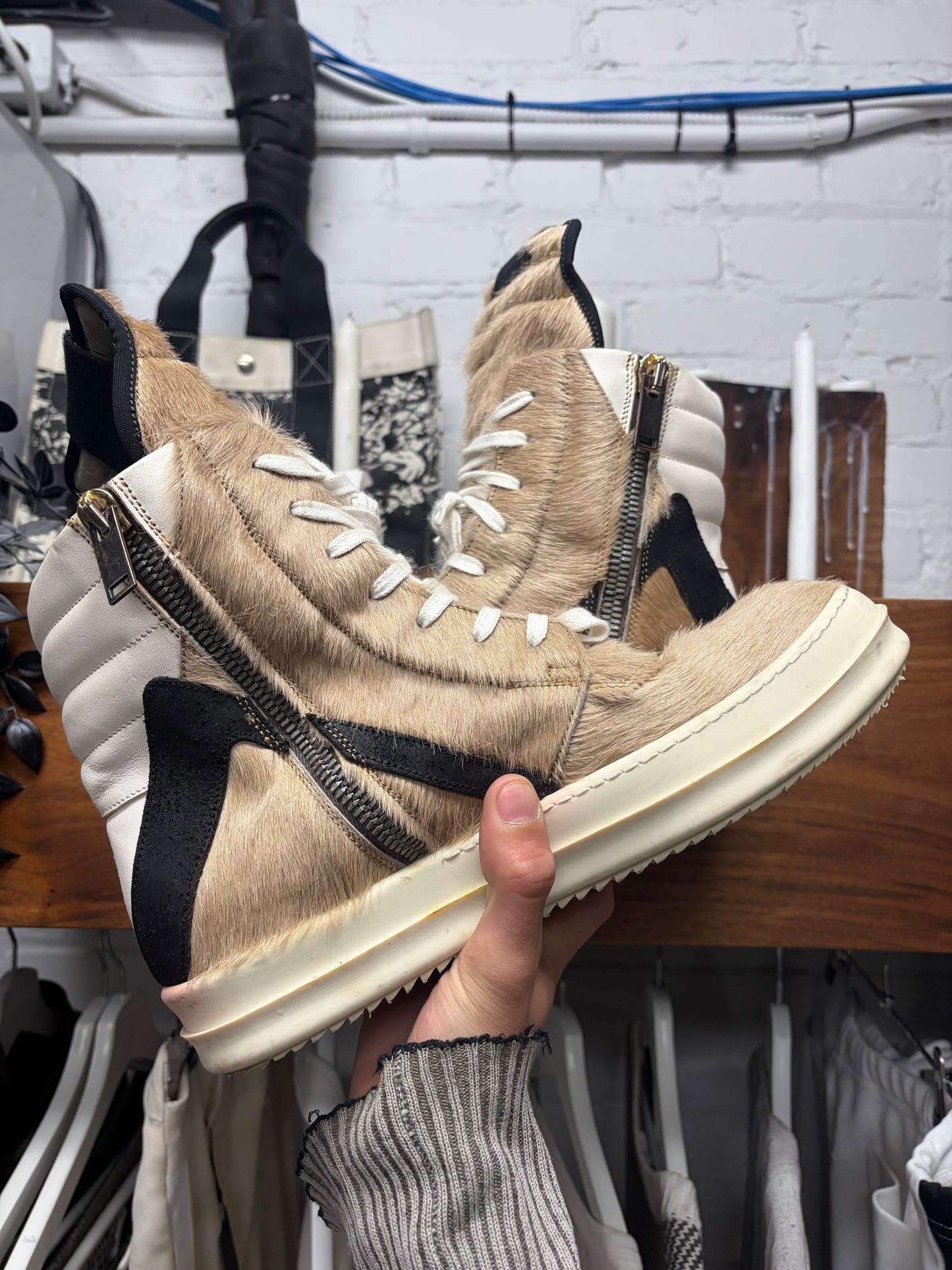 Rick Owens Pony Hair ‘Geobasket’ High Top Sneakers
