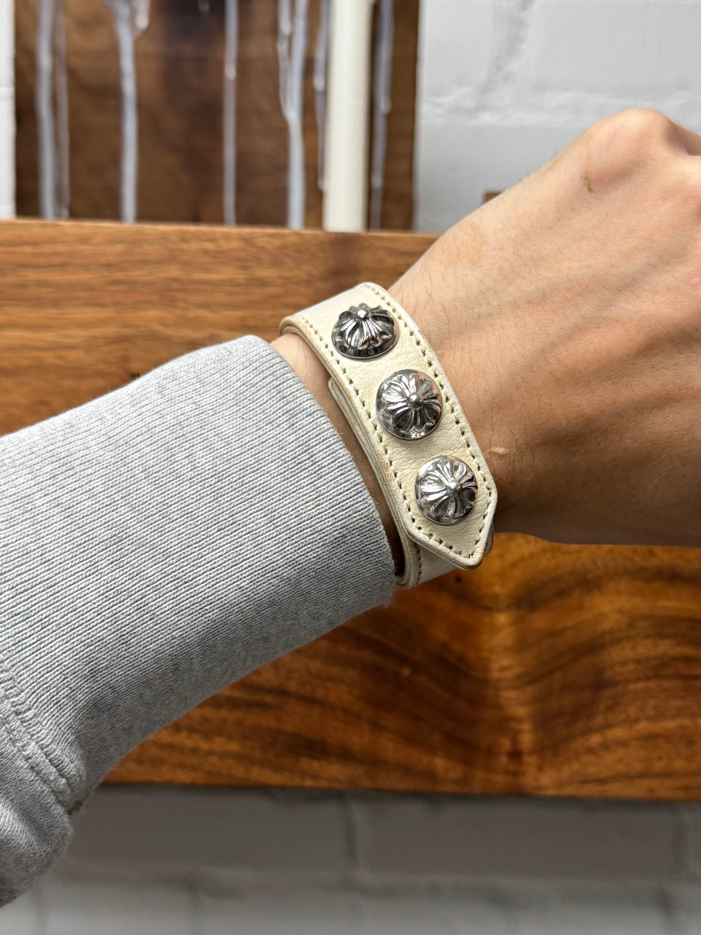 Chrome Hearts Rhodium ‘Cross Ball’ White Leather Snap Bracelet