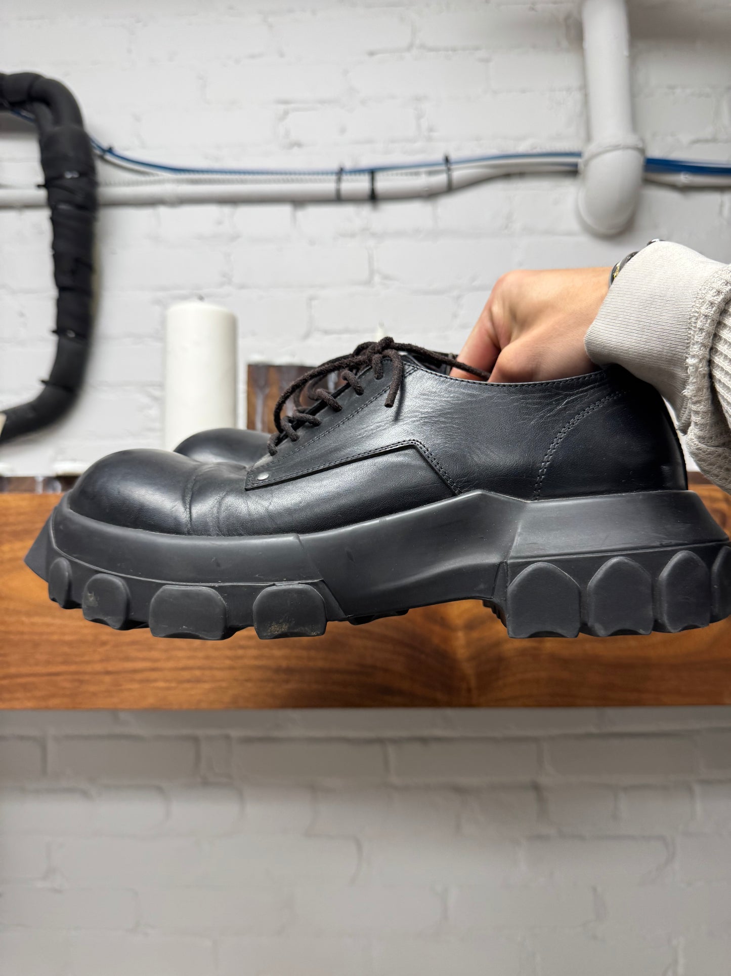 Rick Owens ‘Tractor Sole’ Black Calfskin Leather Derbys