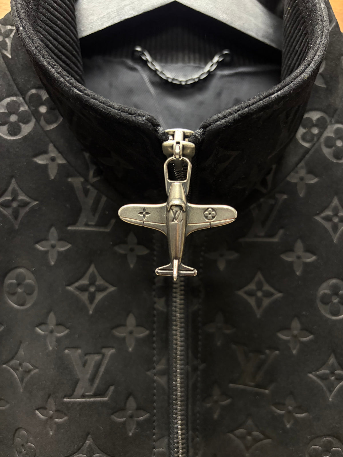 SS2025 Louis Vuitton by Pharrell Williams Black ‘Debossed Suede’ Monogram Leather Jacket with Airplane Zipper