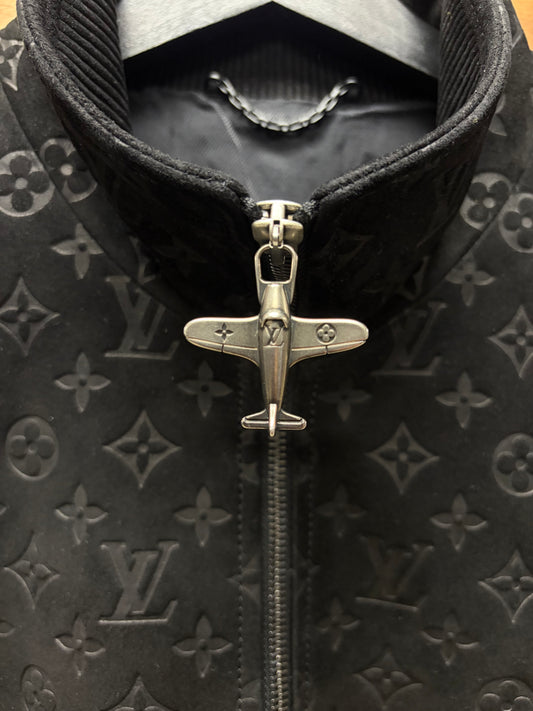 SS2025 Louis Vuitton by Pharrell Williams Black ‘Debossed Suede’ Monogram Leather Jacket with Airplane Zipper
