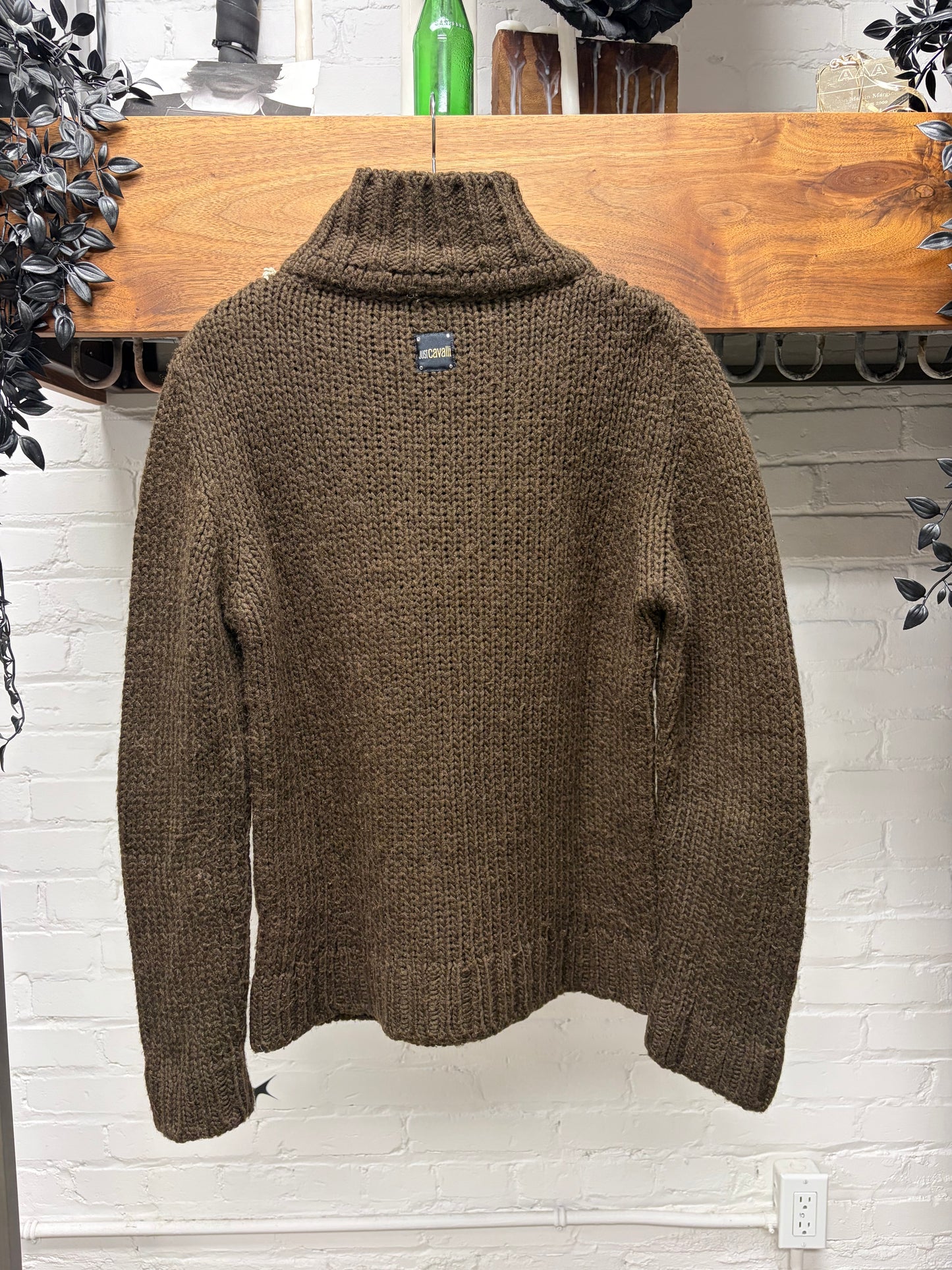 2000s Roberto Cavalli Brown Wool Knit Sweater with White Contrast Stitching