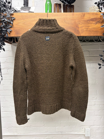 2000s Roberto Cavalli Brown Wool Knit Sweater with White Contrast Stitching