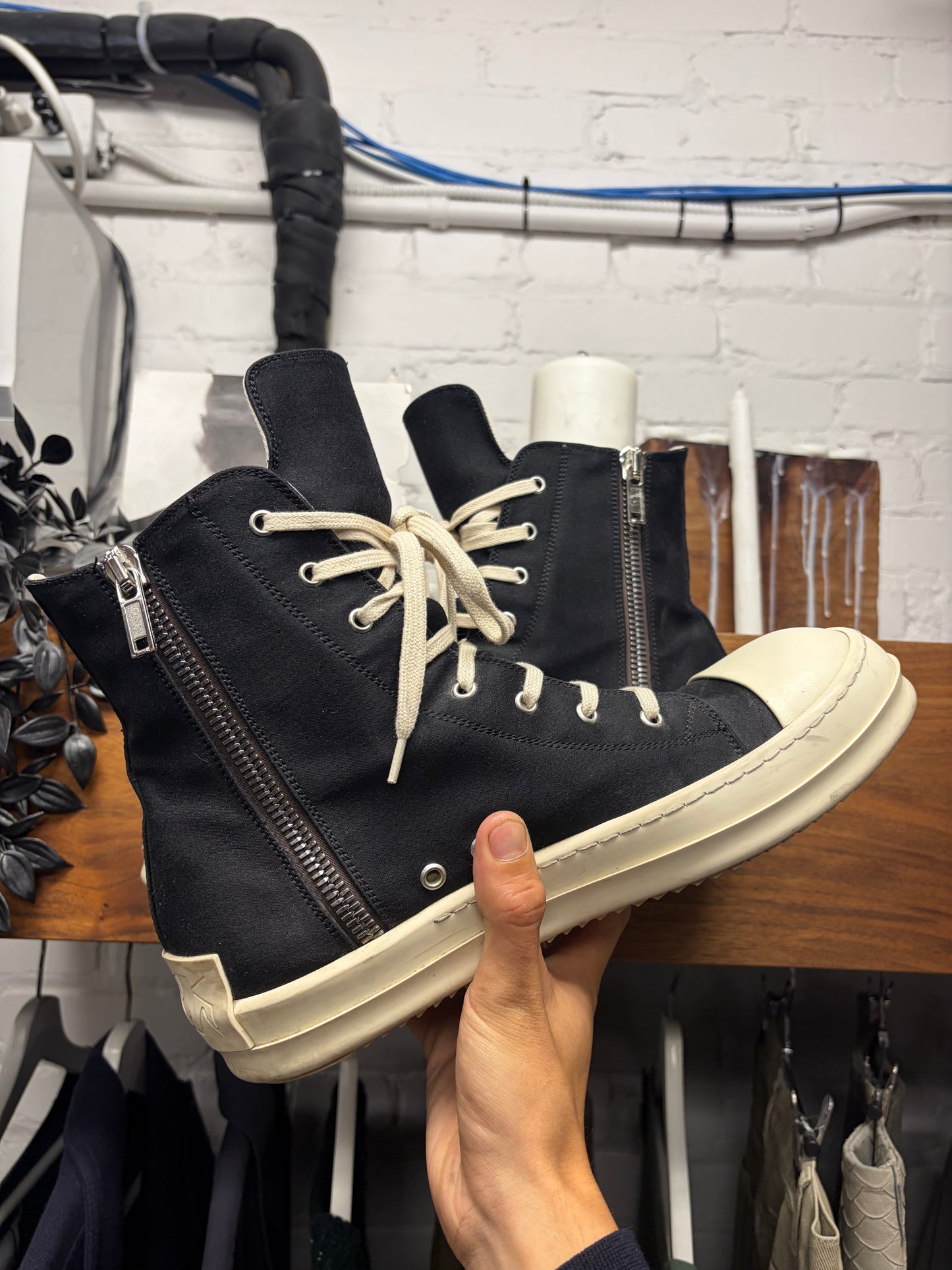 Rick Owens DRKSHDW Black Canvas ‘Ramones’ High Top Sneakers
