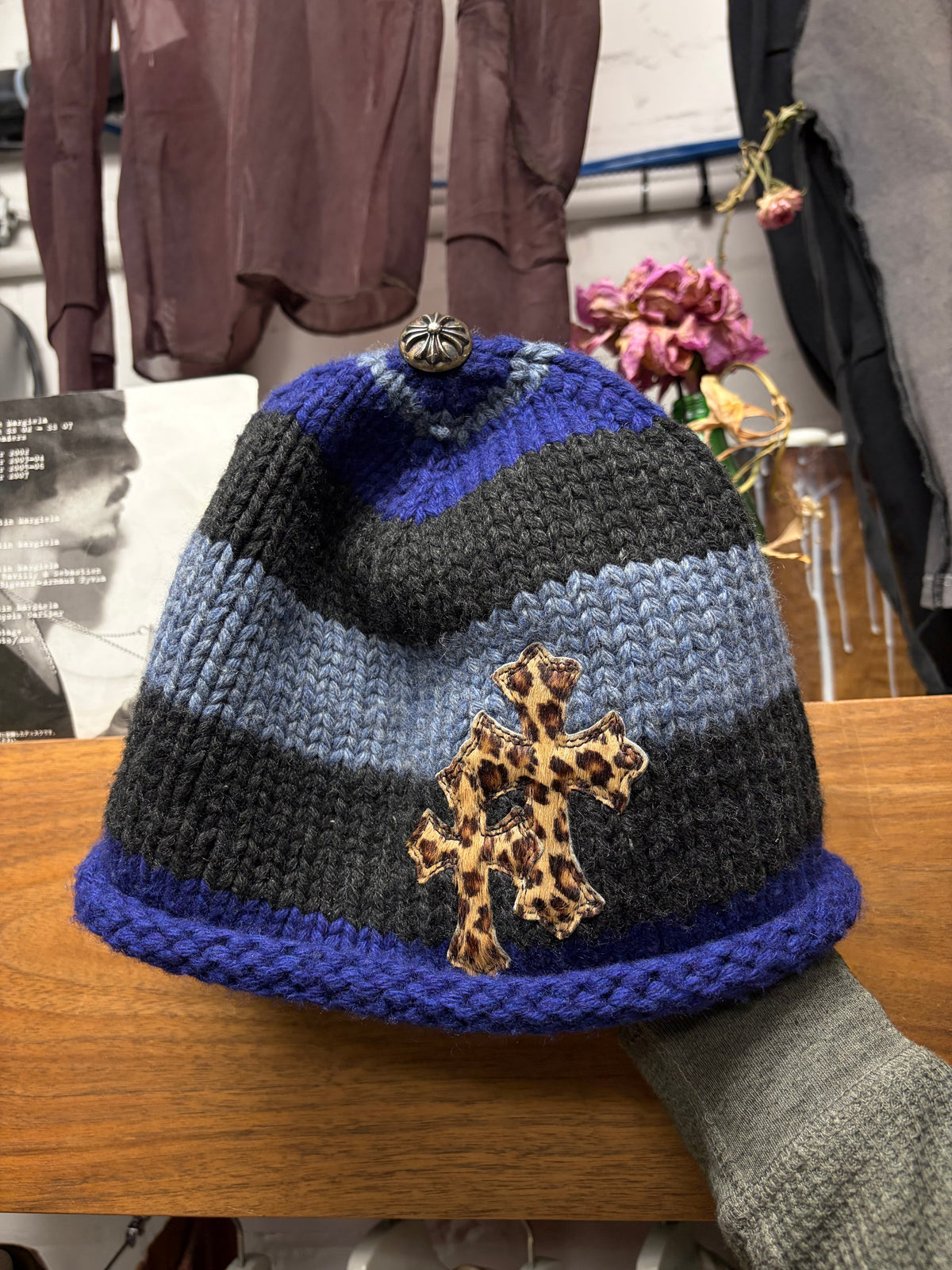 Chrome Hearts Leopard Double Cross Patch Cashmere Striped Beanie with .925 Silver Hardware