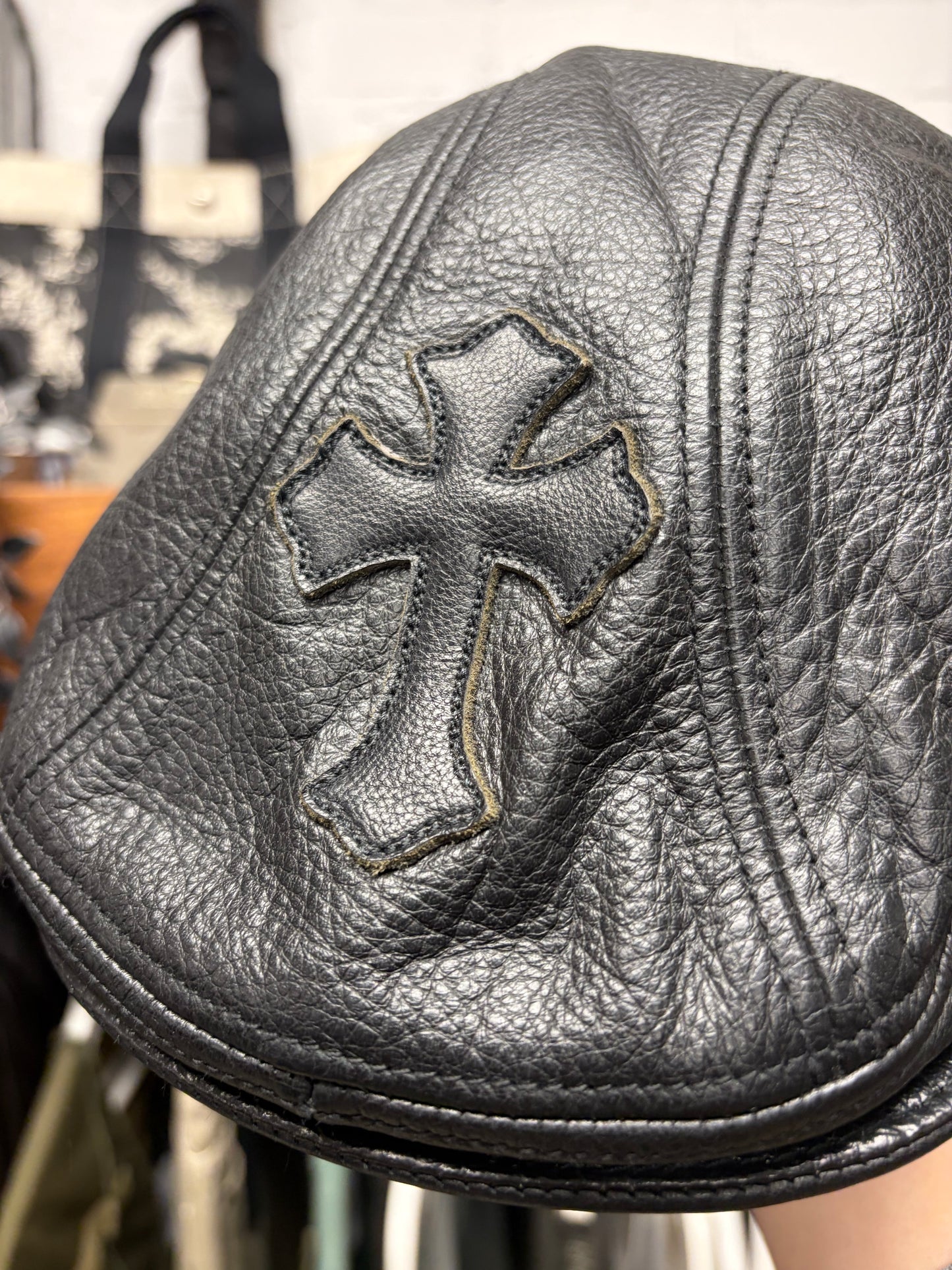 Vintage 90s Chrome Hearts ‘Paperboy’ Black Cross Patch Leather Cap