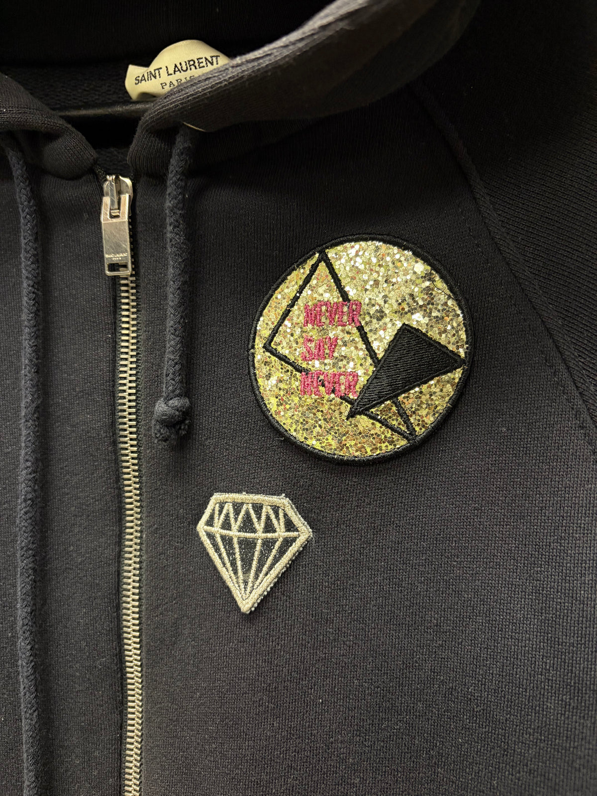 SS2017 Saint Laurent ‘Never Say Never’ Diamond Patch Zip Up Hoodie