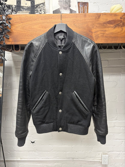 A.P.C. Black Wool/Leather Varsity Bomber Jacket