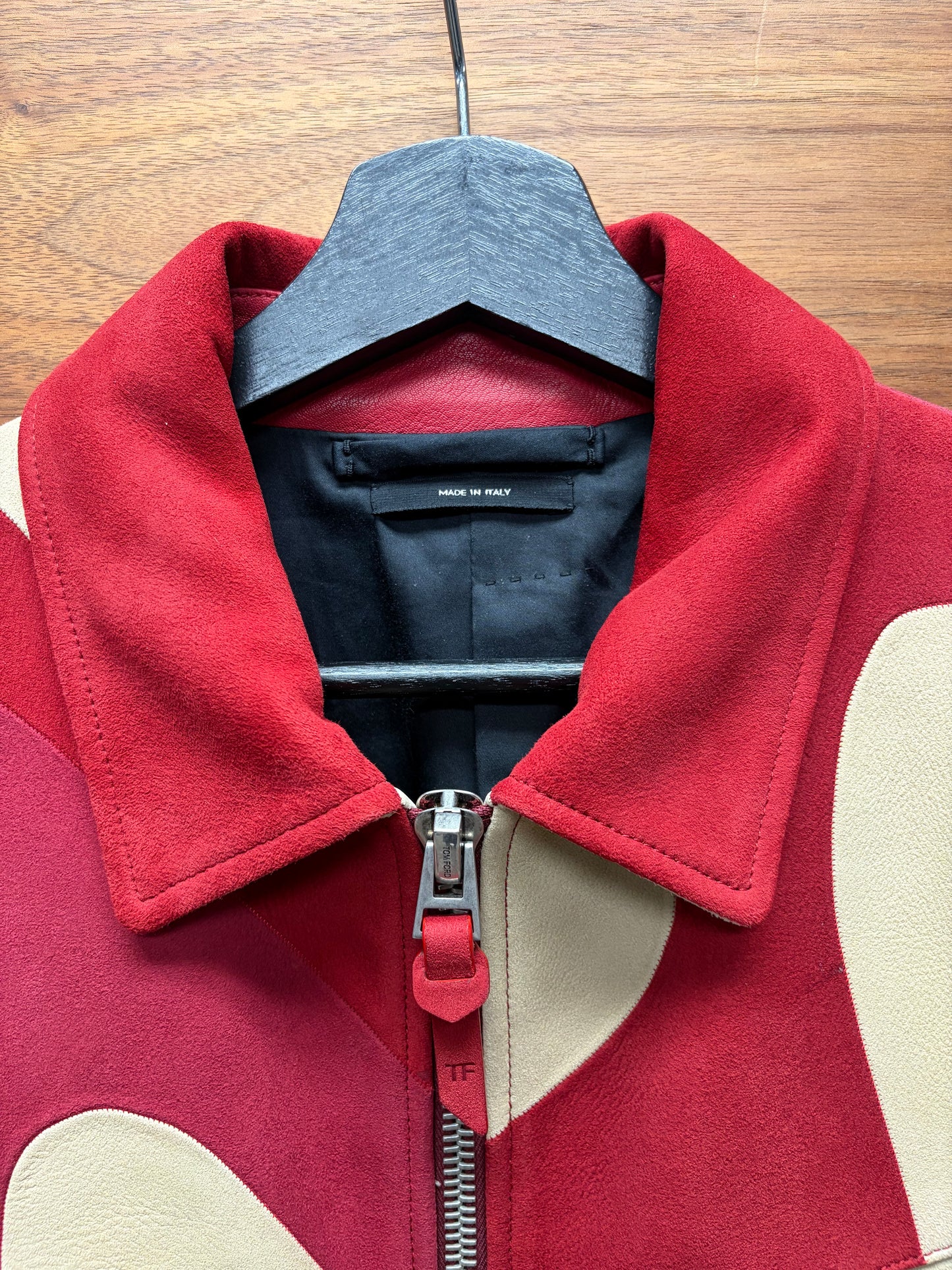 SS2016 Tom Ford Runway Red/Cream Suede Patchwork Leather Jacket