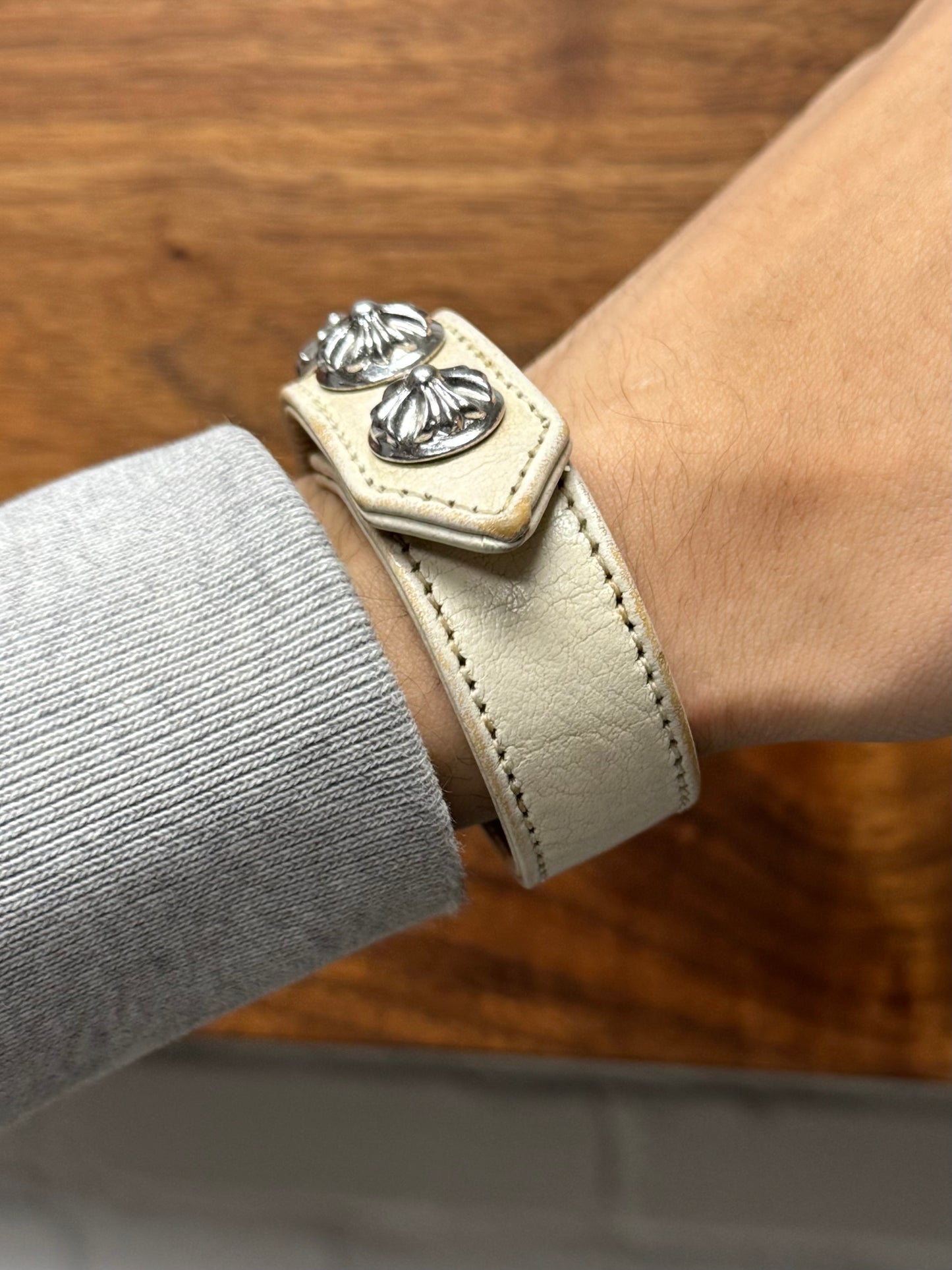 Chrome Hearts Rhodium ‘Cross Ball’ White Leather Snap Bracelet
