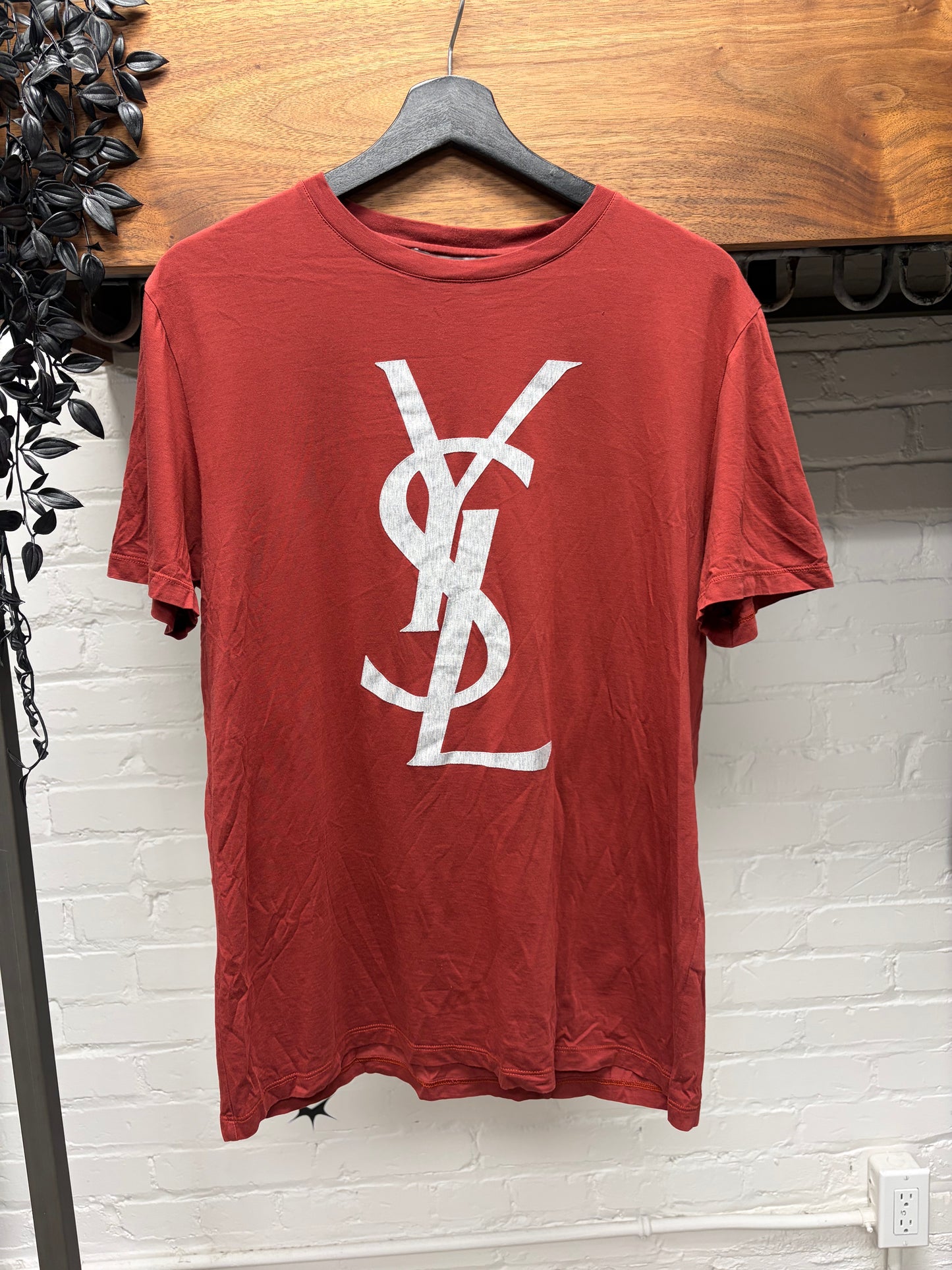 2000s Saint Laurent ‘Rive Gauche’ YSL Logo Red/Grey Short Sleeve Shirt