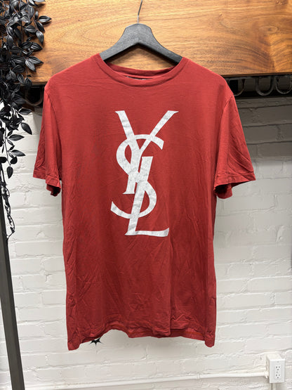 2000s Saint Laurent ‘Rive Gauche’ YSL Logo Red/Grey Short Sleeve Shirt