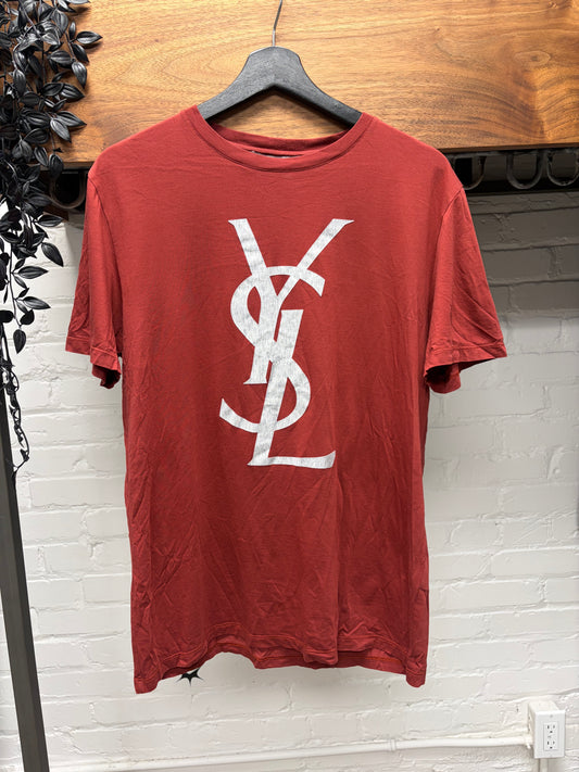 2000s Saint Laurent ‘Rive Gauche’ YSL Logo Red/Grey Short Sleeve Shirt