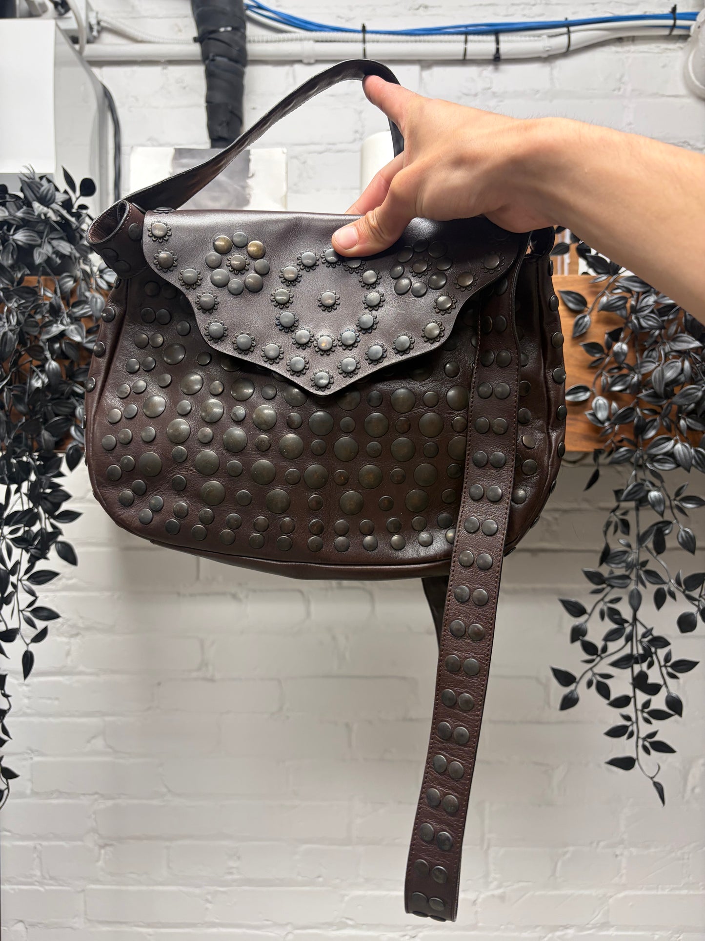 Marni Studded Brown Leather ‘Half Moon’ Crossbody Bag
