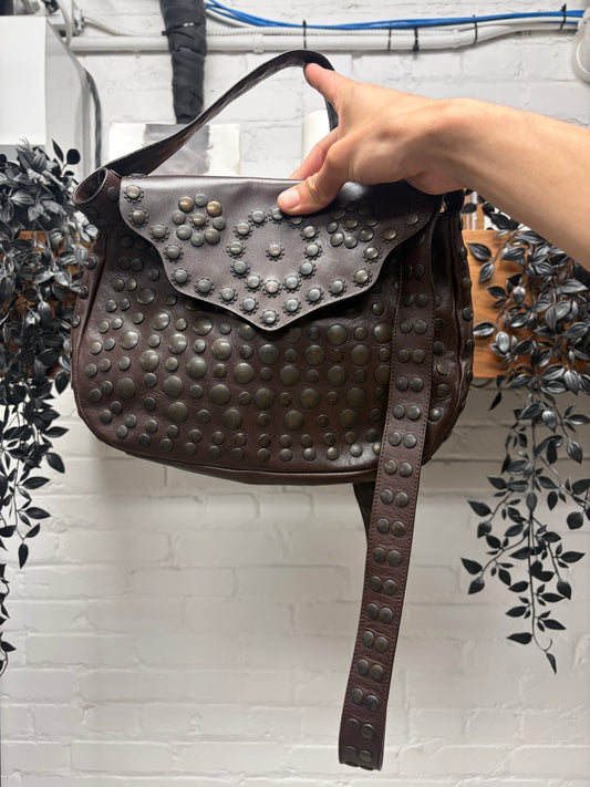 Marni Studded Brown Leather ‘Half Moon’ Crossbody Bag