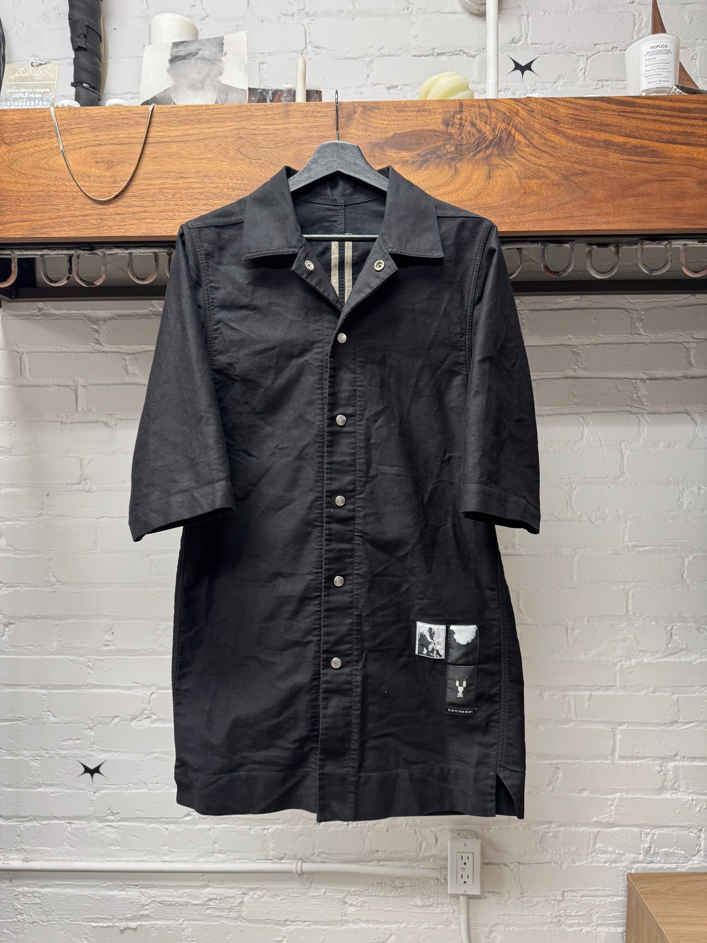 Rick Owens DRKSHDW Patch Black Camp Collar Oversized Short Sleeve Shirt