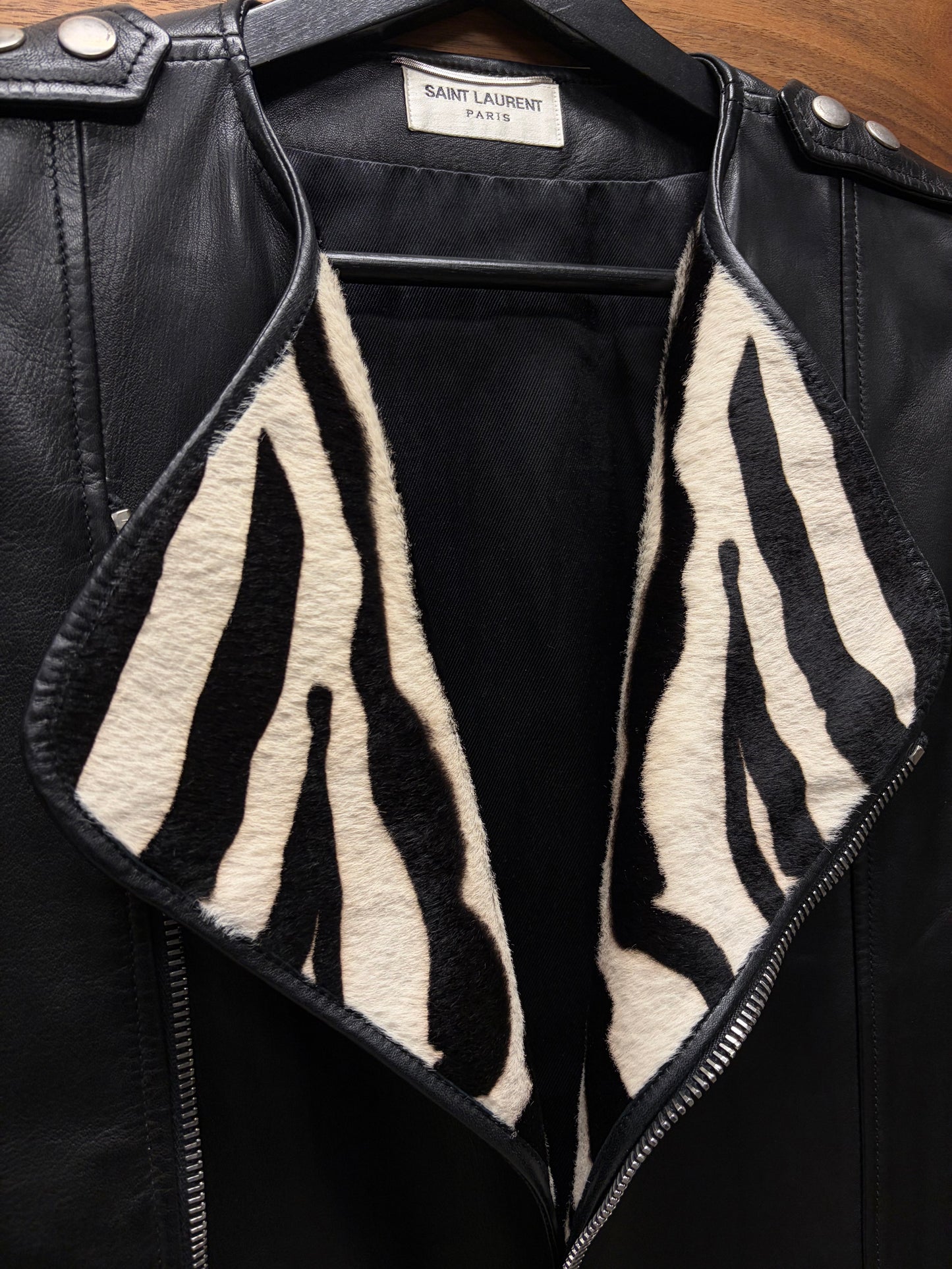 AW2013 Saint Laurent ‘Ponyhair Interior’ Black Mens Calfskin Leather Biker Jacket