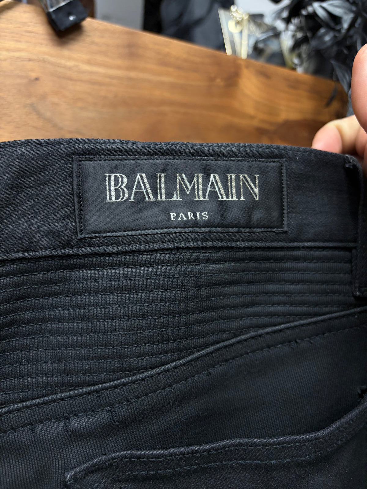 Balmain Waxed Black Biker Knee Skinny Moto Denim